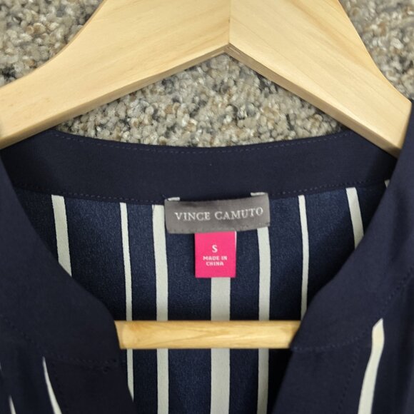 Vince Camuto‎ Top Womens Small Navy Blue Striped Split Neck Semi Sheer Blouse - Picture 6 of 7
